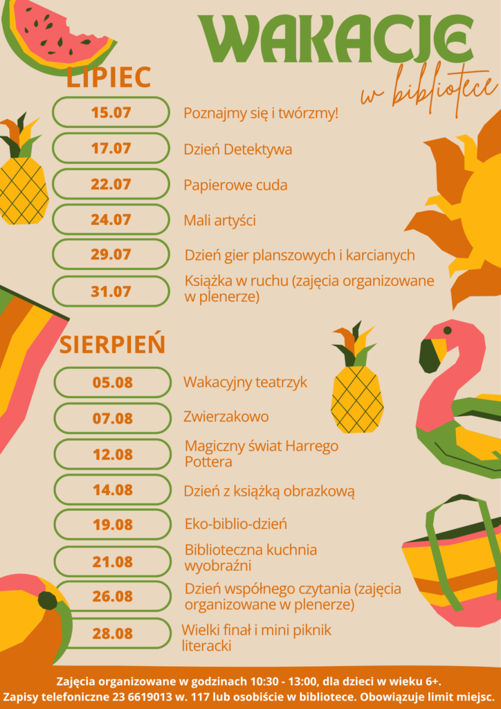 Wakacje w bibliotece - plakat z harmonogramem zajęć